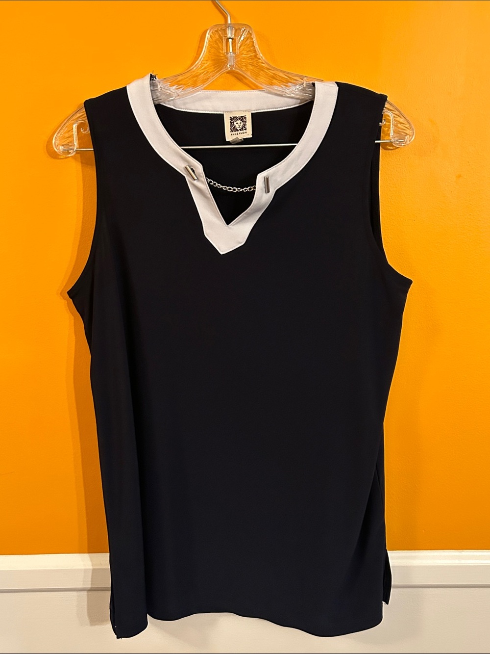 Anne Klein Navy Tank with White Trim and Chain Accent
